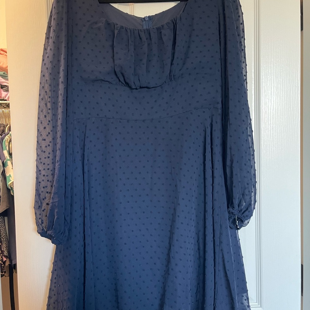 Blue Mini Dress with Cowl Neck and Bishop Sleeves